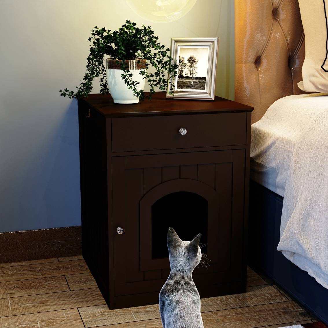 Wooden Pet House Cat Litter Box Enclosure With Drawer, Side Table Indoor Pet Crate – view 5