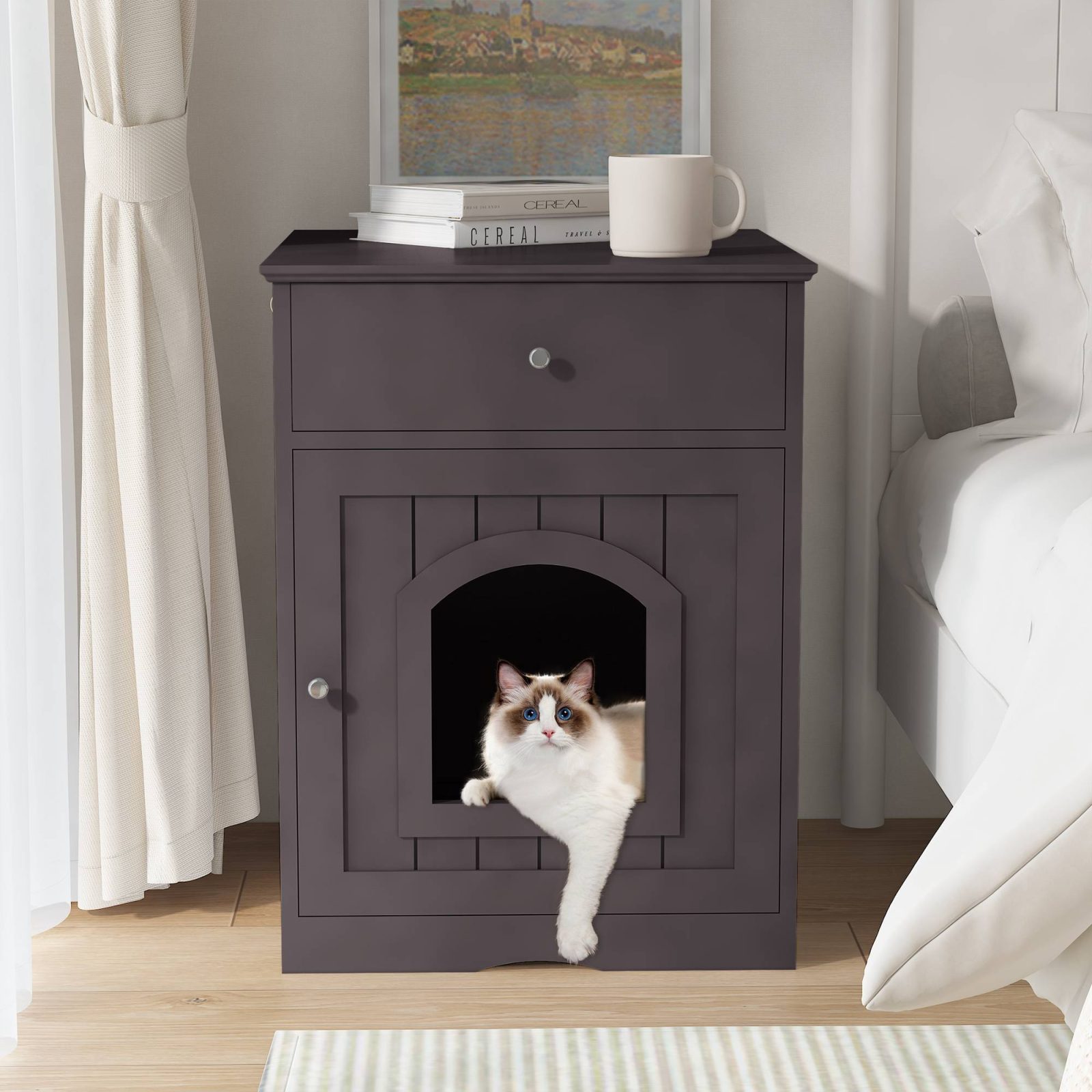 Wooden Pet House Cat Litter Box Enclosure With Drawer, Side Table Indoor Pet Crate – view 11
