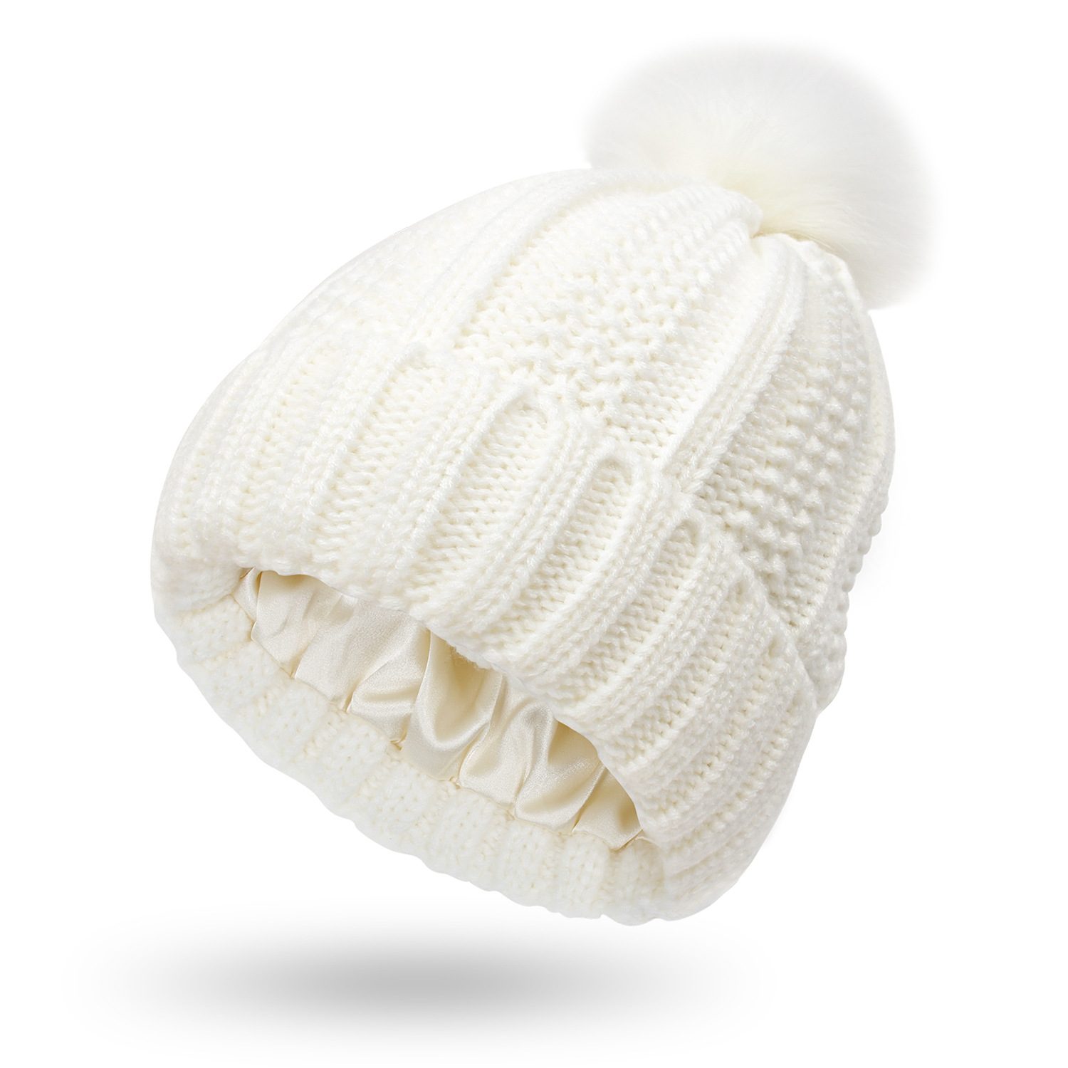 Winter Knitted Hats Fashion Stretchy Lined Skull Hats For Women Faux Fur Pom Pom Hat Keep Warming Beanie Hat – White