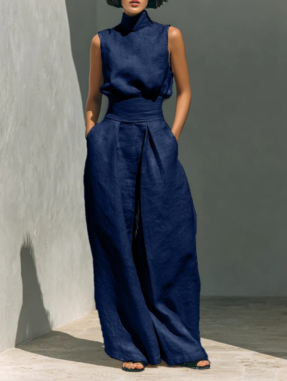 Casual Sleeveless Suit Summer Stand-up Collar Pullover Top And Loose Straight-leg Trousers Women's Clothing – Navy Blue