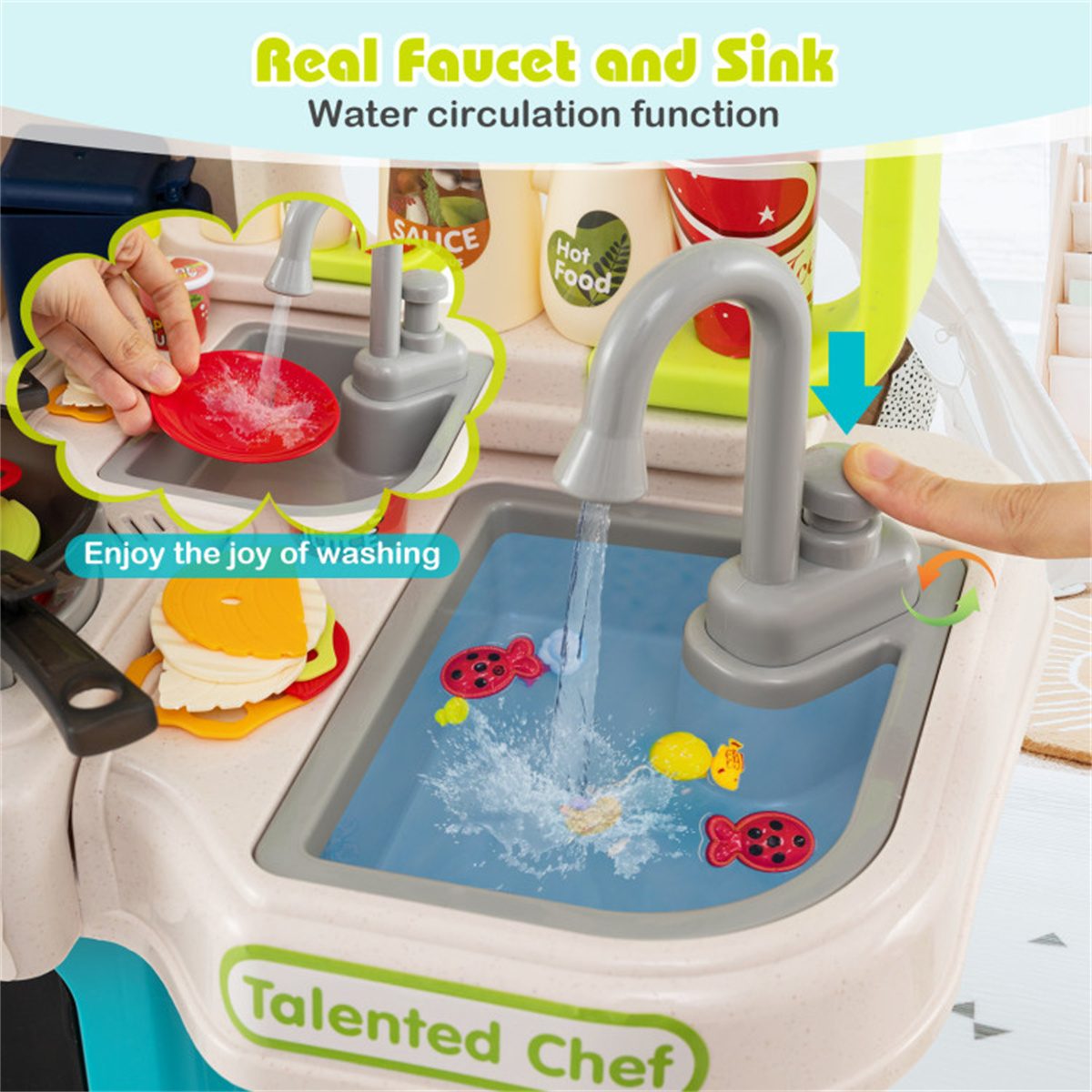 Blue Kids Corner Play Kitchen with Realistic Sounds, Lights & Steam, 95PCS Accessories Pretend Cooking Set for Ages 3+ – view 4