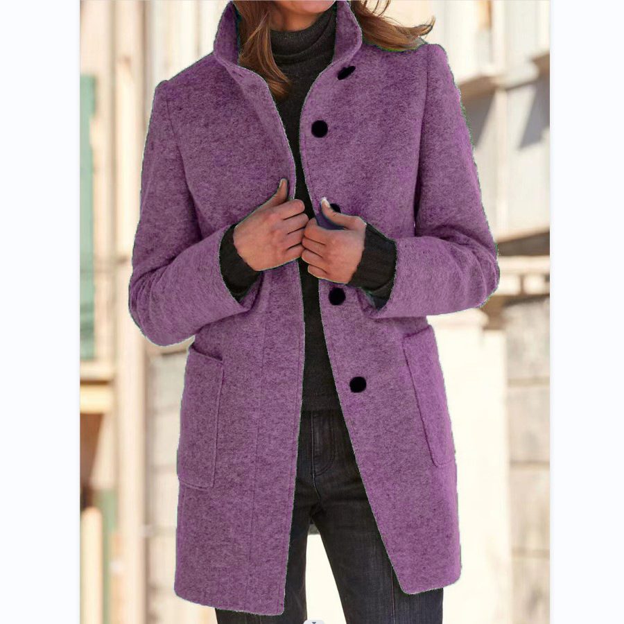 Fashion Stand Collar Woolen Coat With Pockets Fall Winter Casual Button Outwear For Women Clothing – Light Purple