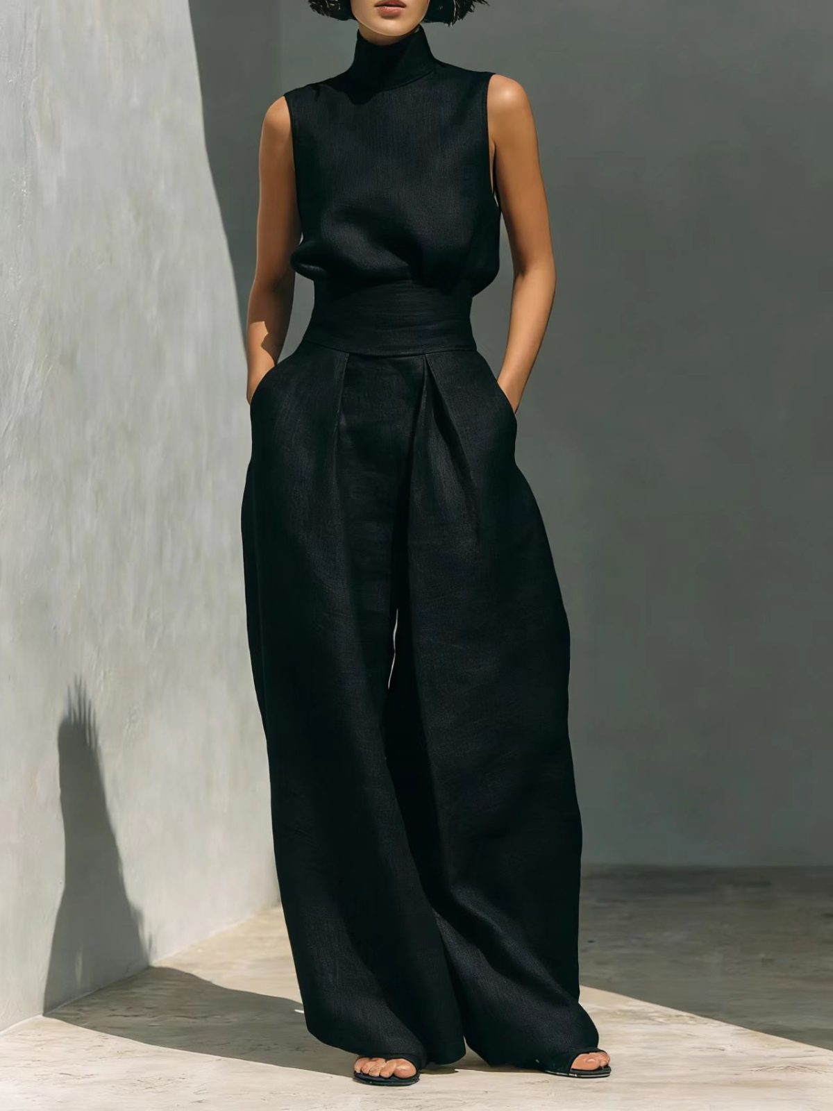 Casual Sleeveless Suit Summer Stand-up Collar Pullover Top And Loose Straight-leg Trousers Women's Clothing – Black