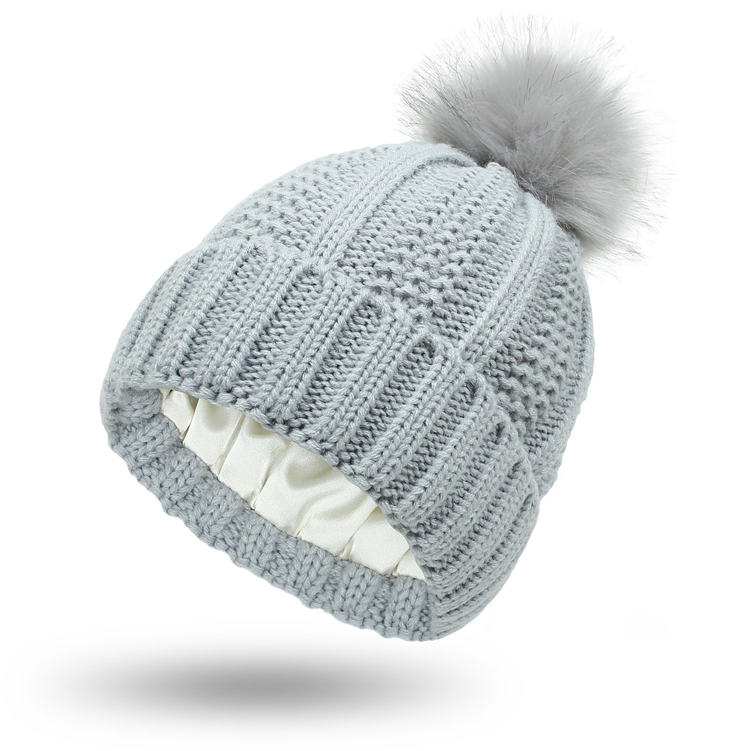 Winter Knitted Hats Fashion Stretchy Lined Skull Hats For Women Faux Fur Pom Pom Hat Keep Warming Beanie Hat – Light Grey