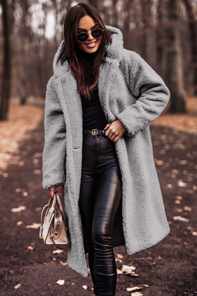 Elegant Long Coat Woman Plush Warm Faux Fleece Coat Autumn Winter Fashion Teddy Jacket Female Teddy Coat Outwear Ladies – Silver grey