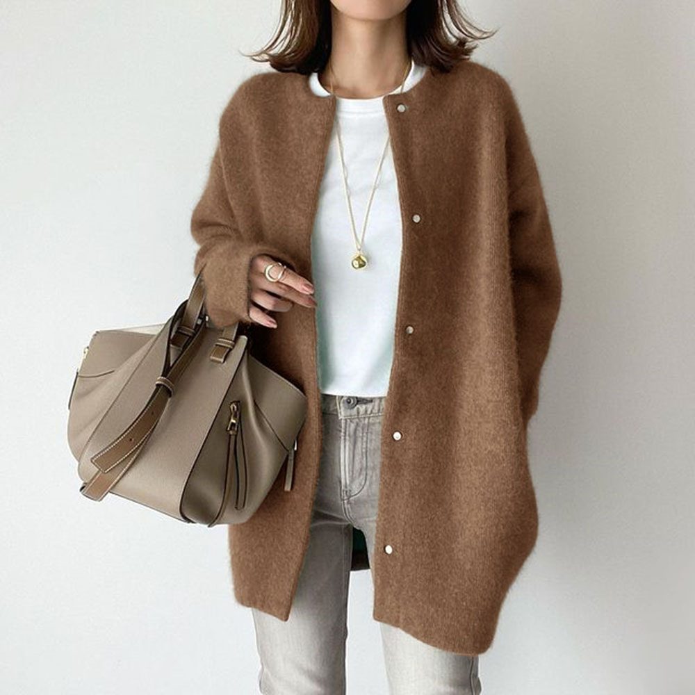 Loose Round Neck Single Breasted Cardigan Fashion Solid Color Coat Jacket Autumn And Winter Women's Clothing – Caramel Knitted Material
