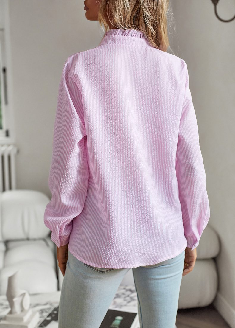 Striped Long Sleeve Shirt Fashion Ruffle Design Button Up Tops Casual Office Blouse Elegant Commuting Women's Clothing – view 16