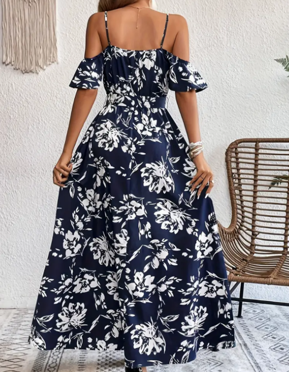 Flower Print Split Suspender Dress With Lace-up Design Summer Fashion Long Dresses Beach Clothing For Women – view 4