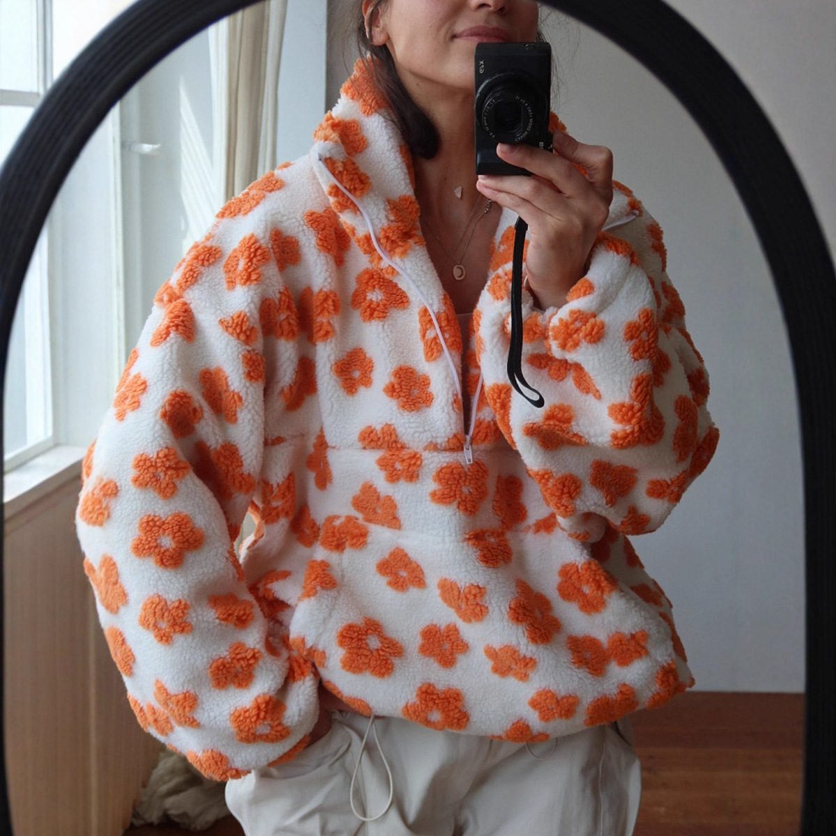 Winter Flowers Lambskin Sweatshirt With Big Pocket Casual Loose Zip-up Lapel Pullover Top Women's Clothing – Orange