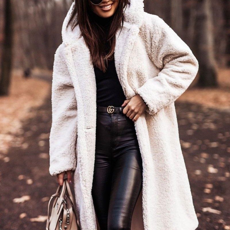 Elegant Long Coat Woman Plush Warm Faux Fleece Coat Autumn Winter Fashion Teddy Jacket Female Teddy Coat Outwear Ladies – Off white