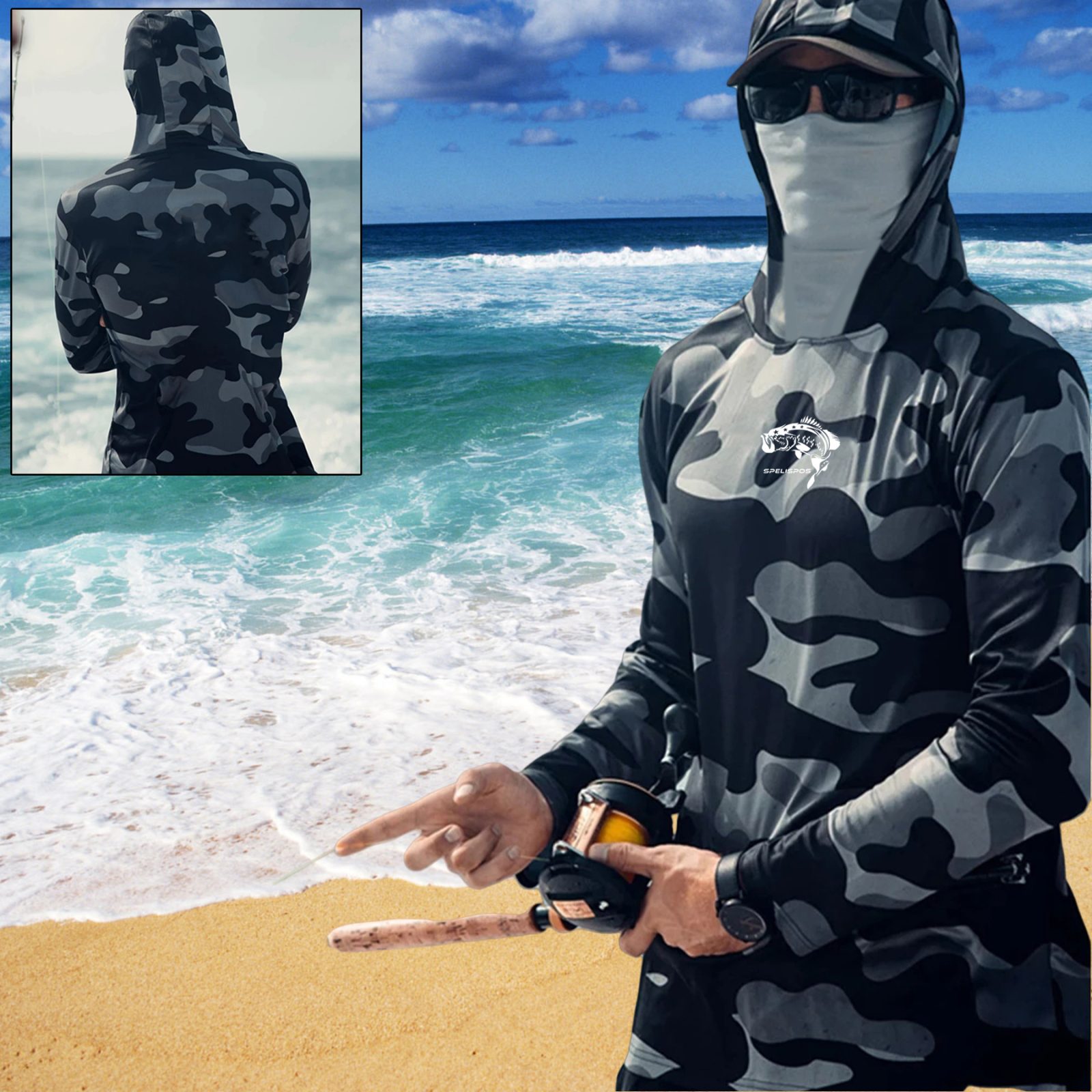 Fishing Hoodie Face Mask Neck Cover Sailing Shirt Summer Men Long Sleeve Sun Protection Hunting Jersey Camisa De Pesca Performance Fish Gear Beach Tops Wear Climbing Uniform – view 12