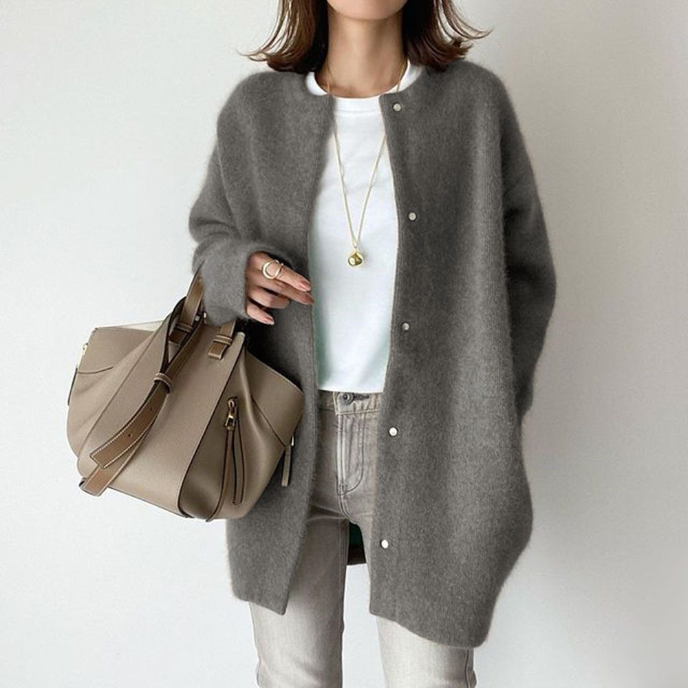 Loose Round Neck Single Breasted Cardigan Fashion Solid Color Coat Jacket Autumn And Winter Women's Clothing – Dark Gray Knitted Material