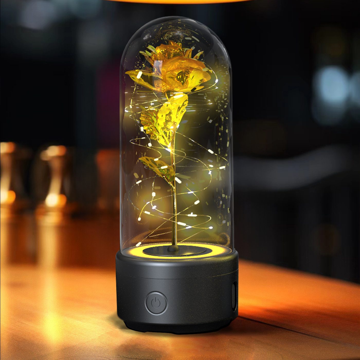 Creative 2 In 1 Rose Flowers LED Light And Bluetooth-compatible Speaker Valentine's Day Gift Rose Luminous Night Light Ornament In Glass Cover – Black Base Gold Flower