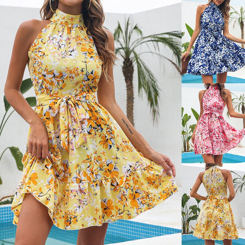 New Flowers Print Halterneck Dress Summer Fashion Temperament Lace-up Ruffled Dresses For Women – view 8