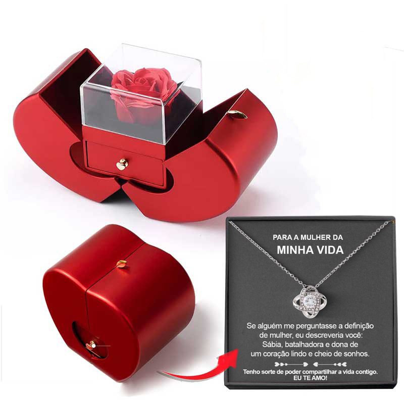 Fashion Jewelry Box Red Apple Christmas Gift Necklace Eternal Rose For Girl Mother's Day Valentine's Day Gifts With Artificial Flower Rose Flower Jewelry Box – Necklace Silver Apple Box