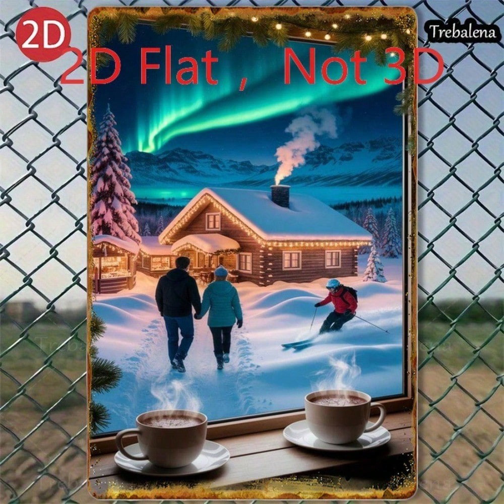 Winter Northern Lights Snow Cabin Couple Skiing Tin Sign, Tin Sign, 2D Flat Art 20x30cm – view 5