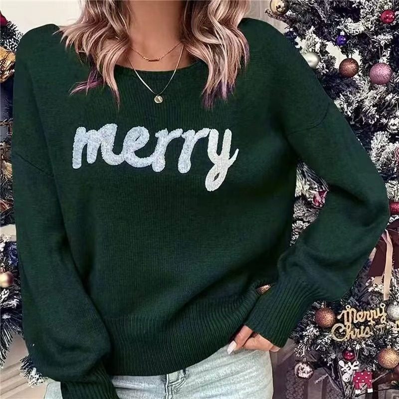 Knitted Women Crew Neck Sweater Loose Pullover Female Jumper Elegant Spring Warm Spring New Year Trendy Christmas Sweater – Dark Green
