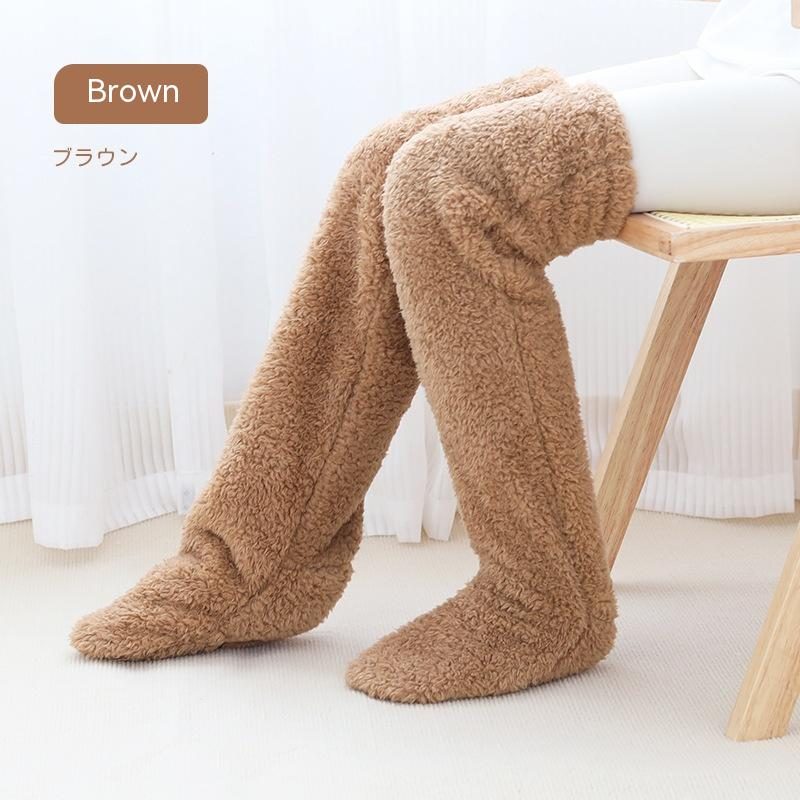 Over Knee High Fuzzy Long Socks Winter Warm Cold Leg Knee Joint Cold-proof Stockings Home Floor Sleeping Socks – Brown
