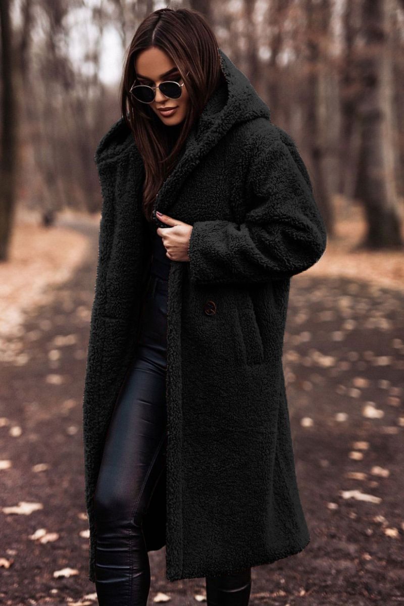 Elegant Long Coat Woman Plush Warm Faux Fleece Coat Autumn Winter Fashion Teddy Jacket Female Teddy Coat Outwear Ladies – Black