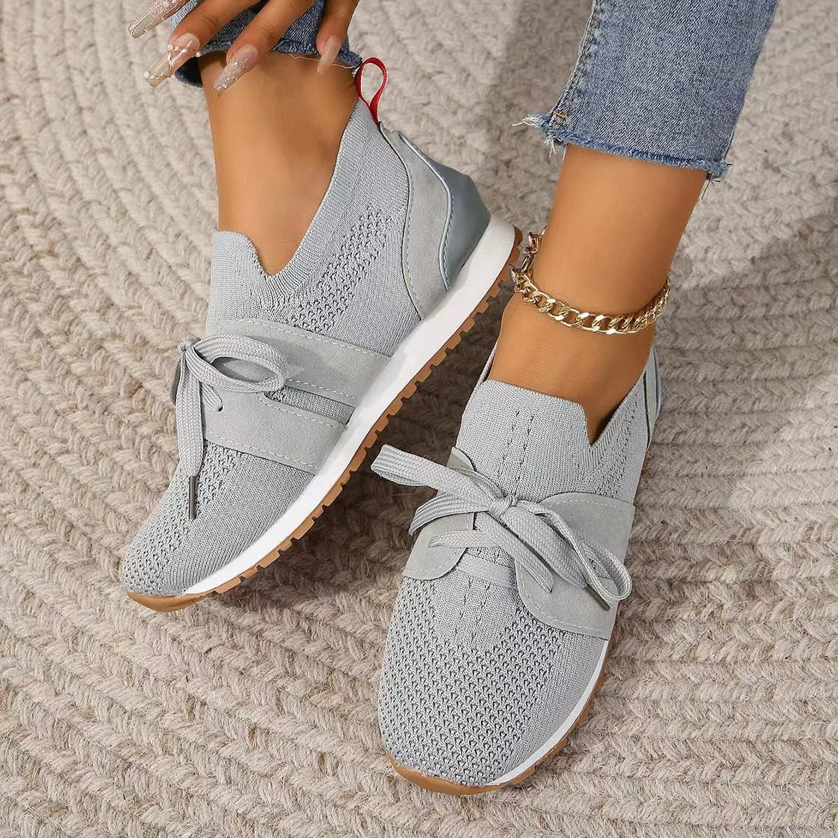 New Lace Up Mesh Flats Shoes For Women Breathable Casual Breathable Walking Wedges Shoes – view 6