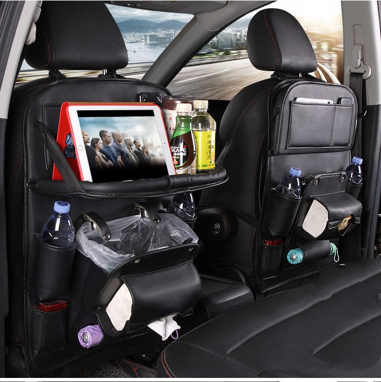 PU Leather Car Storage Bag Multifunction Seat Back Tray Hanging Bag Waterproof Car Organizer Automotive Interior Accessories – Black