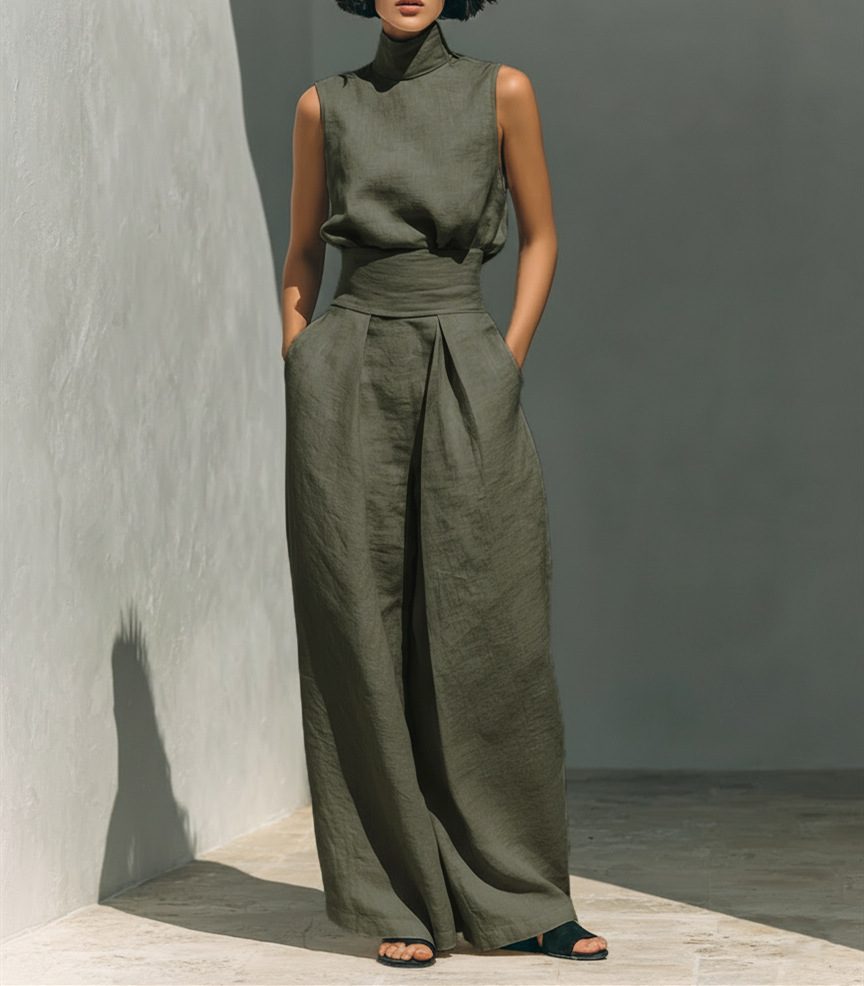 Casual Sleeveless Suit Summer Stand-up Collar Pullover Top And Loose Straight-leg Trousers Women's Clothing – Army Green