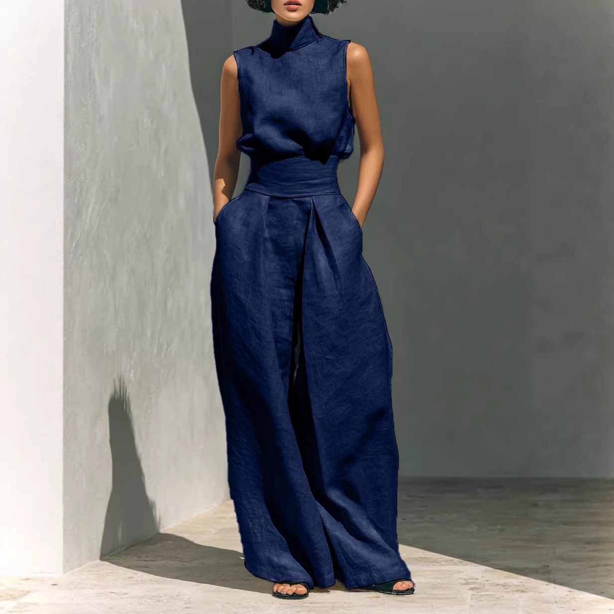 Casual Sleeveless Suit Summer Stand-up Collar Pullover Top And Loose Straight-leg Trousers Women's Clothing – view 17