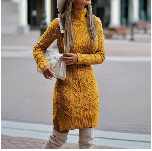 Fashion Turtleneck Knitted Dress With Slit Design Winter Warm Solid Color Pullover Long Sweater Women's Clothing – Yellow