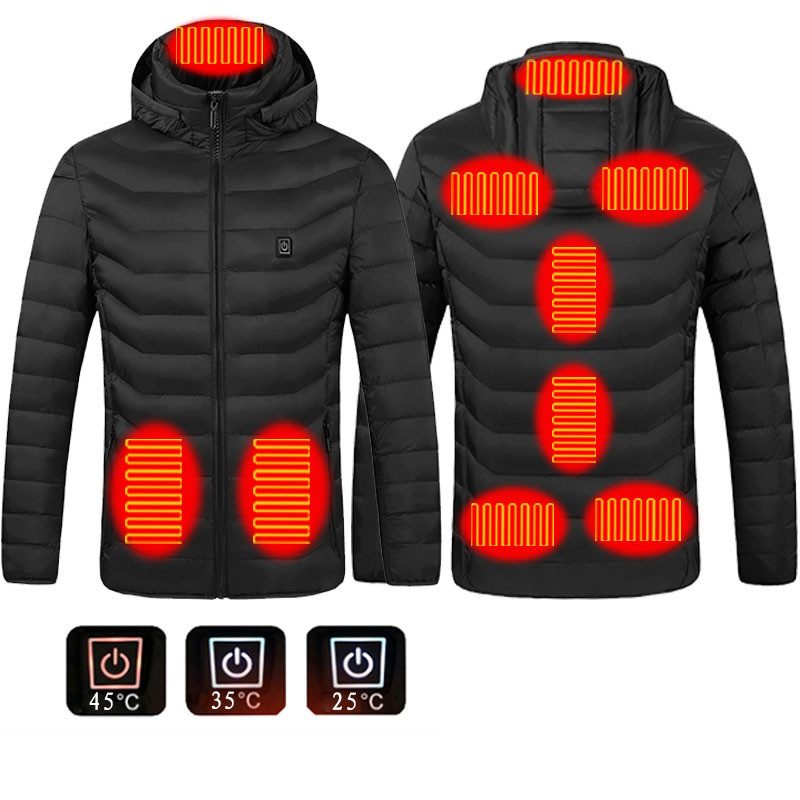 Men Heated Puffer Jacket Electric Heating Coat Insulated Hood Windbreaker 9Heat Zones – Black Zone9