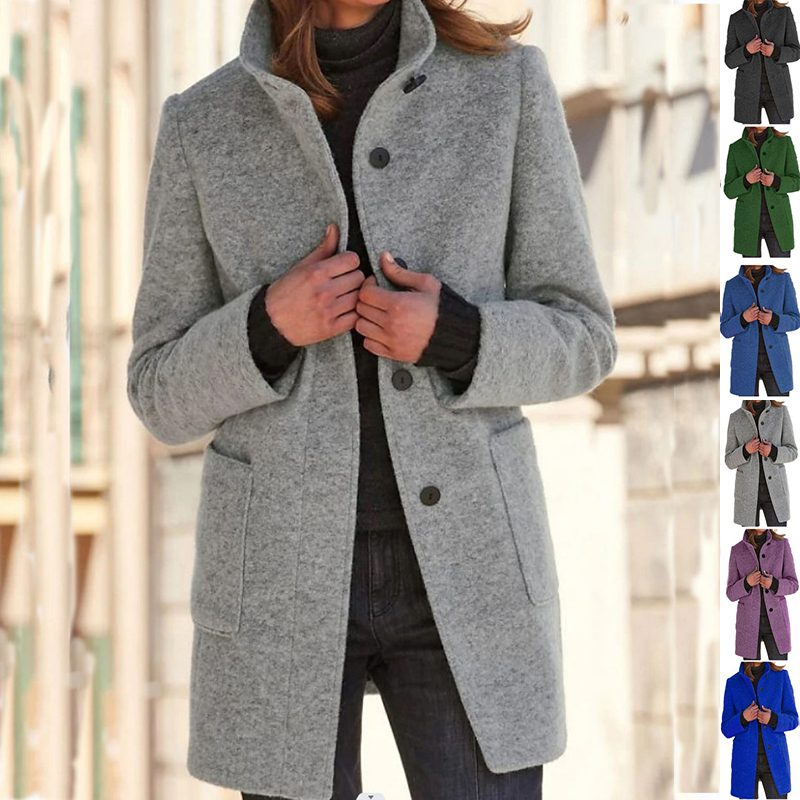 Fashion Stand Collar Woolen Coat With Pockets Fall Winter Casual Button Outwear For Women Clothing – Light Grey
