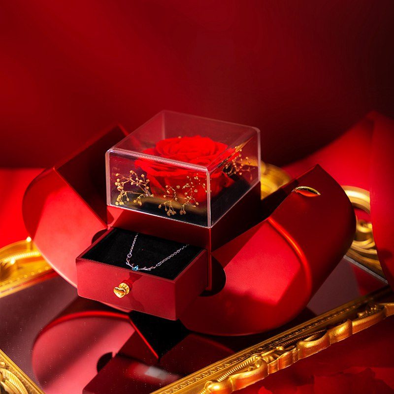 Fashion Jewelry Box Red Apple Christmas Gift Necklace Eternal Rose For Girl Mother's Day Valentine's Day Gifts With Artificial Flower Rose Flower Jewelry Box – view 12