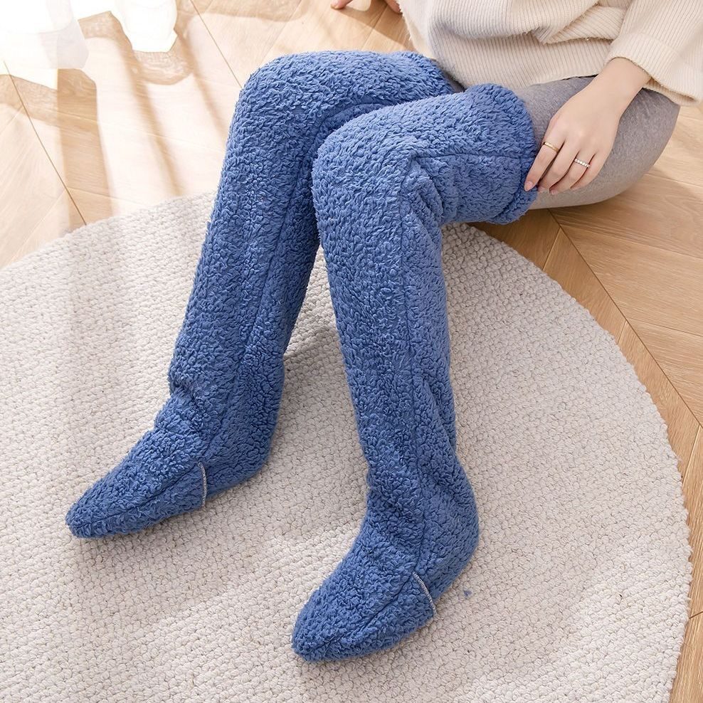 Over Knee High Fuzzy Long Socks Winter Warm Cold Leg Knee Joint Cold-proof Stockings Home Floor Sleeping Socks – Dark Blue
