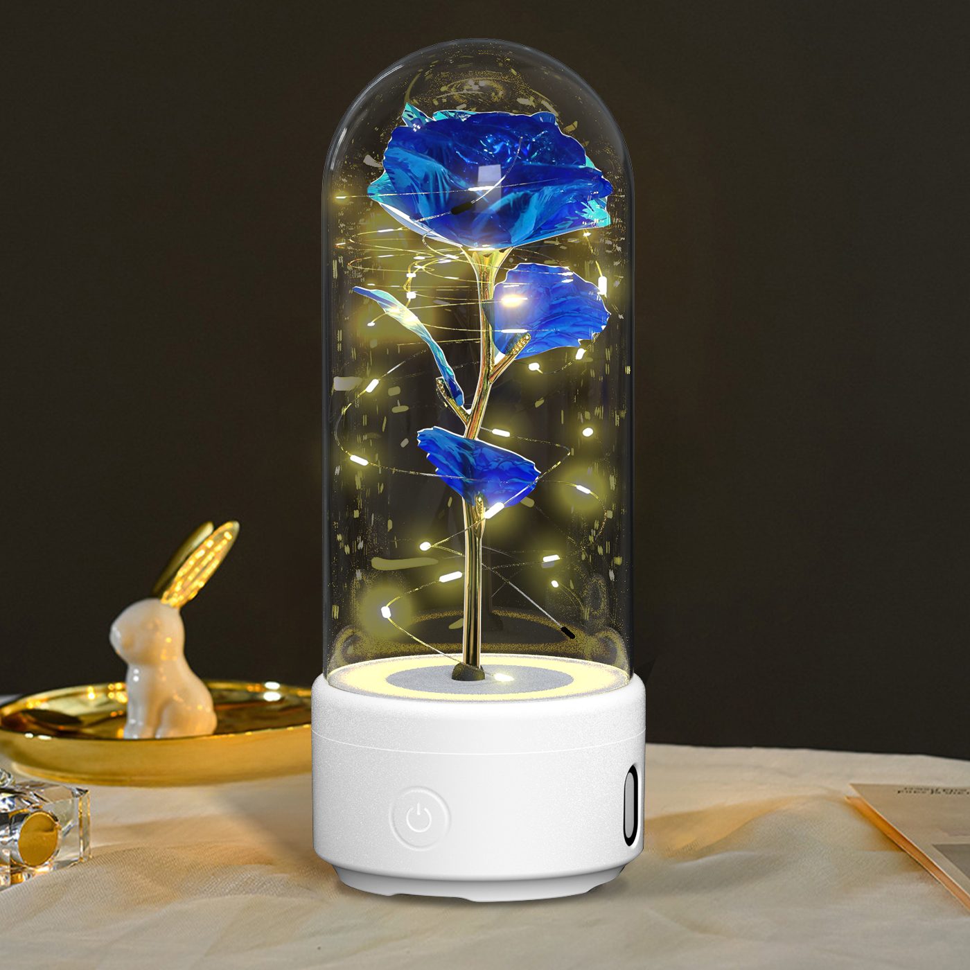 Creative 2 In 1 Rose Flowers LED Light And Bluetooth-compatible Speaker Valentine's Day Gift Rose Luminous Night Light Ornament In Glass Cover – White Base Blue Flower