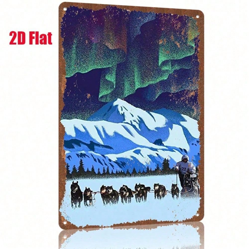 1pc Vintage Metal Tin Sign, Sign, 2D Flat Sled Dogs Under Aurora Northern Lights, Lights Pattern 8x12in Winter Forest Christmas, Wall Plaque Re – view 8