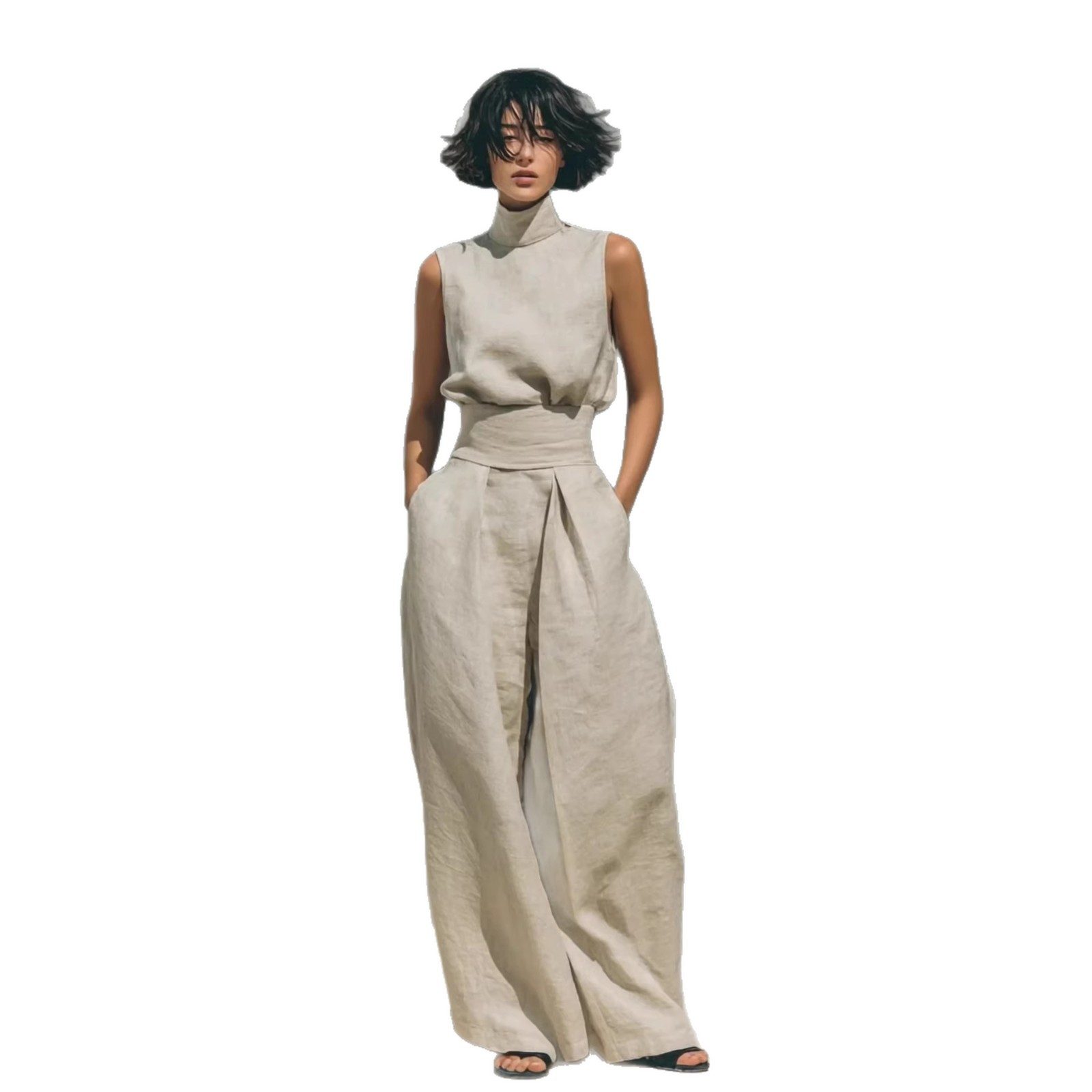 Casual Sleeveless Suit Summer Stand-up Collar Pullover Top And Loose Straight-leg Trousers Women's Clothing – view 15