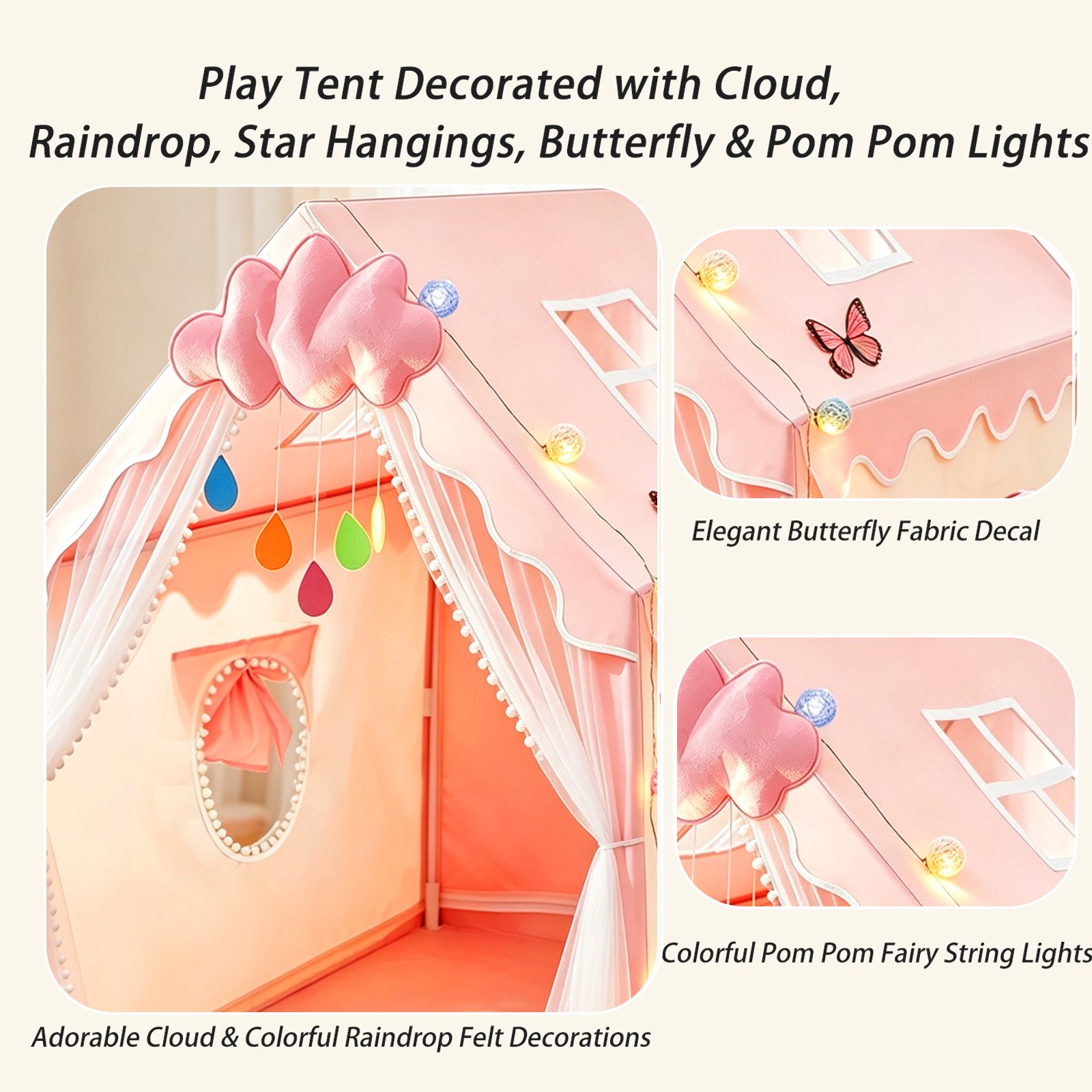 Kids Play Tent For Girls With Globe String Lights,Pink Princess Playhouse – view 9