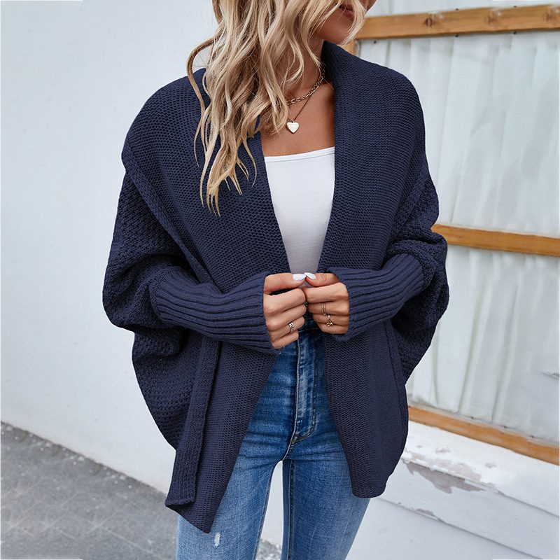 New Loose Knitted Sweater Solid Color Bat Sleeve Large Lapel Cardigan Autumn And Winter Fashion Jacket For Women Clothing – Navy Blue