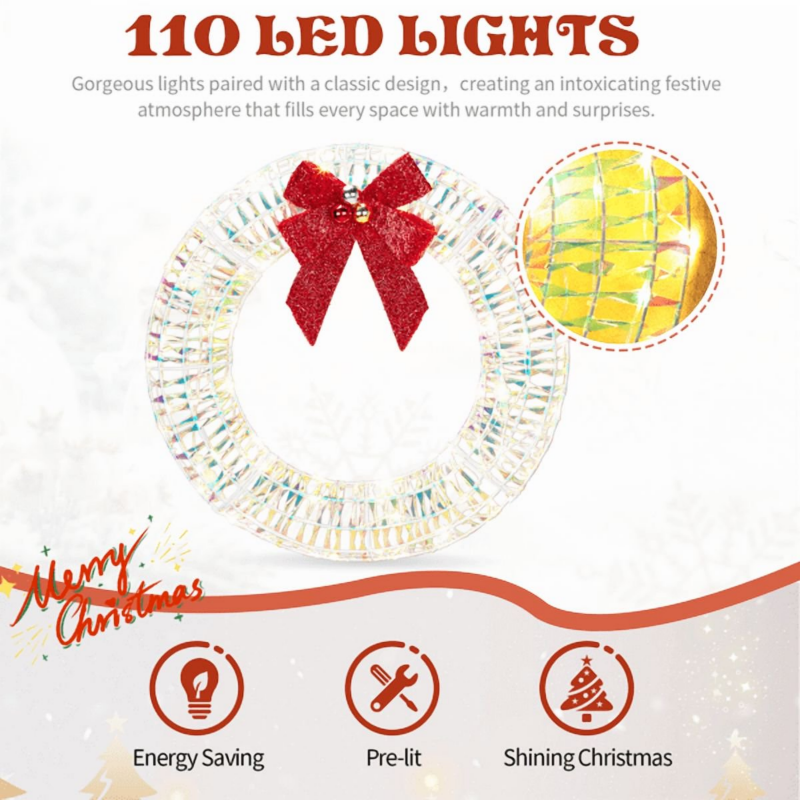 23.6 In Christmas Lighted Wreath, 84 Warm White LEDs, Iridescent Finish, Collapsible For Indoor, Outdoor Use – view 4