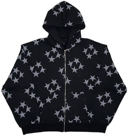 Stars Printed Zipper Hooded Cardigan Couple Fashion Outerwear Hoodies Sweatshirt Street Men Women Coat – Black