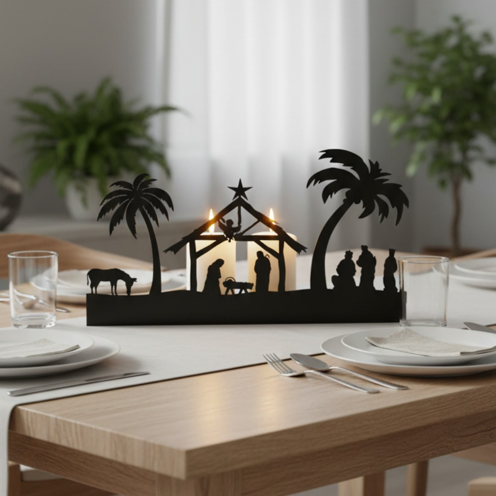 Farmhouse Rustic Advent Candle Holder Rustproof, Metal Nativity Candelabra for Mantel Table, 4-Cup Black Iron Design, Vintage Christmas Centerpiece – 52280630