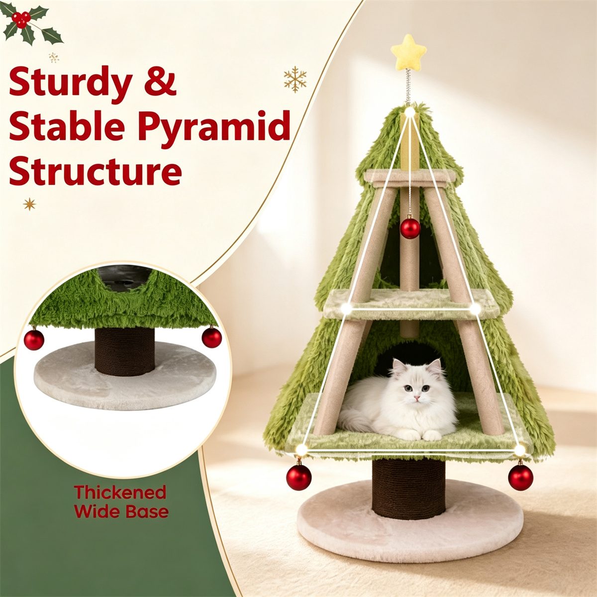 3-Tier Christmas Cat Tree Tower, Stable Pyramid Frame Cat Furniture With Dual Access Condo, Paper Rope Scratching Post, Interactive Star & Dangling Balls – view 3