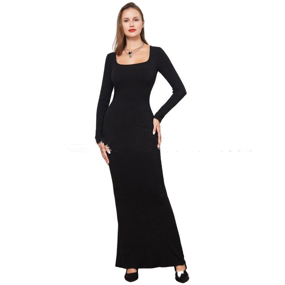 Two-in-one With Lining Double-layer Belly Contracting Hip Lifting Long Sleeve Narrow Dress – Black