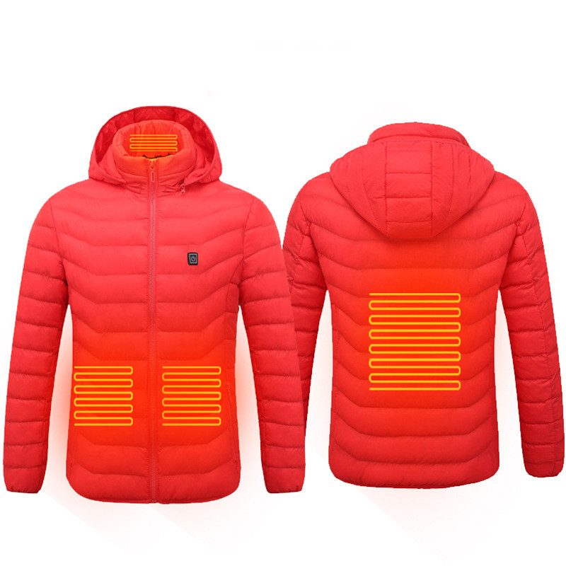 Men Heated Puffer Jacket Electric Heating Coat Insulated Hood Windbreaker 9Heat Zones – Red