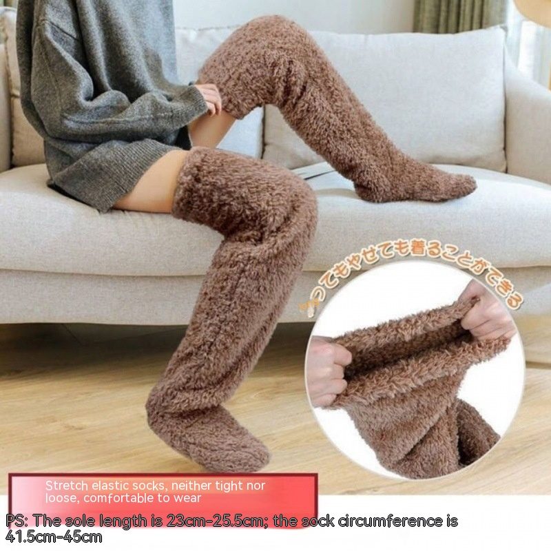 Over Knee High Fuzzy Long Socks Winter Warm Cold Leg Knee Joint Cold-proof Stockings Home Floor Sleeping Socks – Dark brown