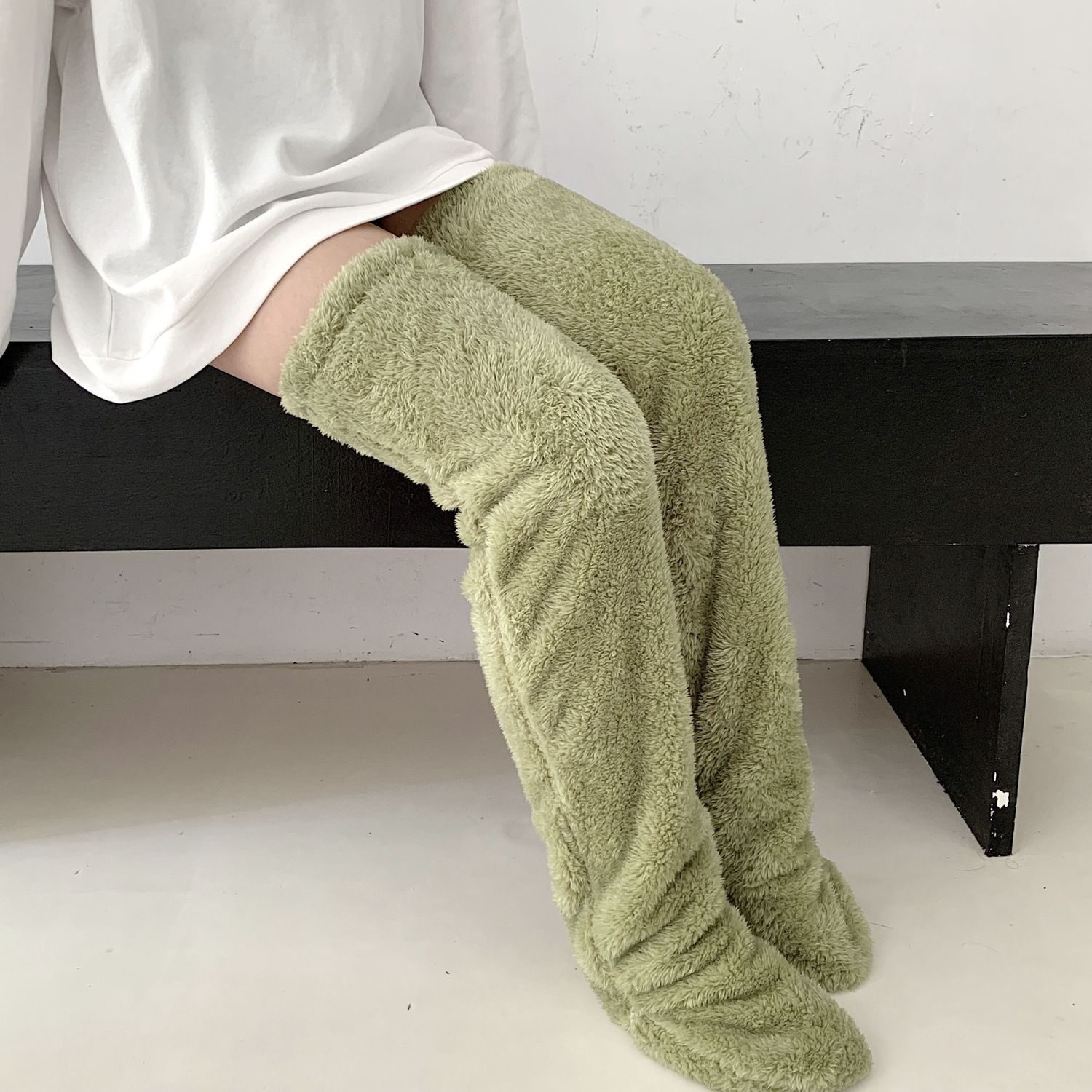 Over Knee High Fuzzy Long Socks Winter Warm Cold Leg Knee Joint Cold-proof Stockings Home Floor Sleeping Socks – Avocado Green