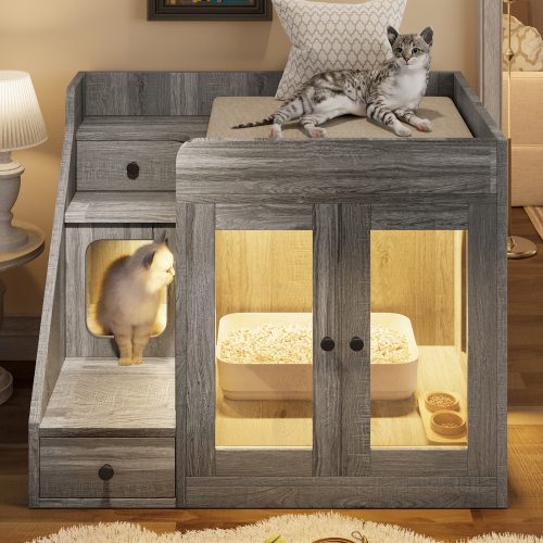 GO Cat Litter Box Enclosure With Light, Hidden Litter Box Furniture With 2 Storage Drawers, Indoor Cat House Side Table For Living Room – Gray
