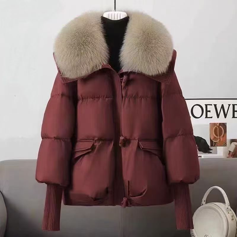 Down Cotton-padded Jacket Women's Short Fur Collar Thickened Coat Winter Clothing – Wine Red