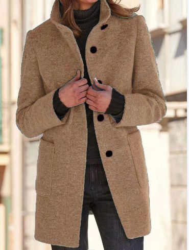 Fashion Stand Collar Woolen Coat With Pockets Fall Winter Casual Button Outwear For Women Clothing – Khaki